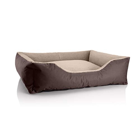 BedDog Hundebett Teddy, Hundesofa aus Cordura und Microfaser-Velours, waschbares Hundebett mit Rand, Hundekissen Vier-eckig, für drinnen, draußen, Größe XL, braun-beige