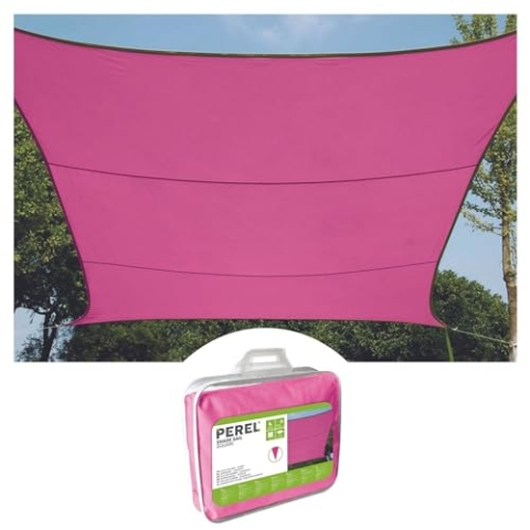 Perel Sonnensegel, Segel Sonnenschutz für Terrasse und Pool, wasserabweisend, UV-Schutz, 4 Edelstahl-O-Ringe, 3.6 x 3.6 m, 160 g/m², Polyester, quadratisch, Fuchsia
