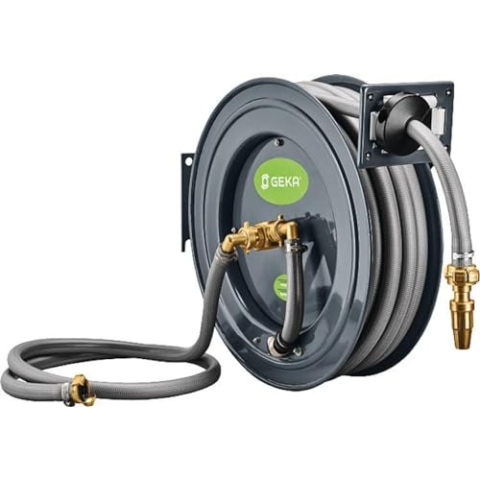 GEKA plus Automatischer Schlauchaufroller PA20SK (robuster Schlauchaufroller, Stahlkonstruktion, autom. Rückzug, schrittweise Arretierung, mit Schlauch 20 m)