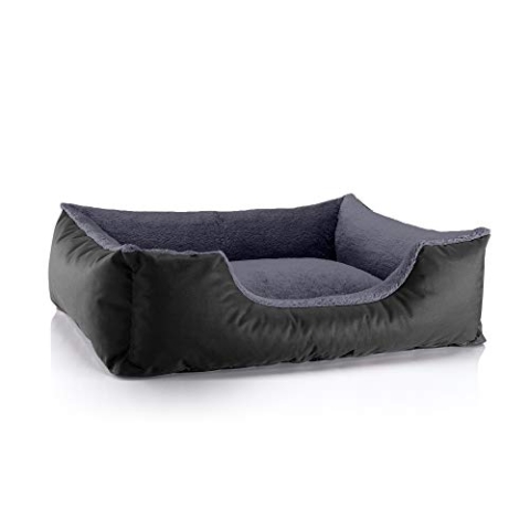 BedDog Hundebett Teddy, Hundesofa aus Cordura und Microfaser-Velours, waschbares Hundebett mit Rand, Hundekissen Vier-eckig, für drinnen, draußen, Größe L, schwarz-grau