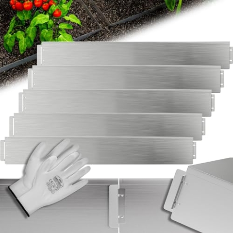 GARDEBRUK® Rasenkante verzinkt 5m 10m 15m 20m 25m 30m 35m 40m 45m 50m 100x15cm oder 100x18cm verzinkt Handschuhe Beeteinfassung Mähkante Palisade Metall, Silber (Länge 25m - Höhe 15cm)