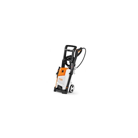Stihl RE 100 Hochdruckreiniger, 10 – 110 bar, 440 l/h, Gewicht 16,5 kg und mit 6 m Schlauchlänge, Set für Sprüher (drehbare Düse – flach) und Dichtung gegen Verdrehung.