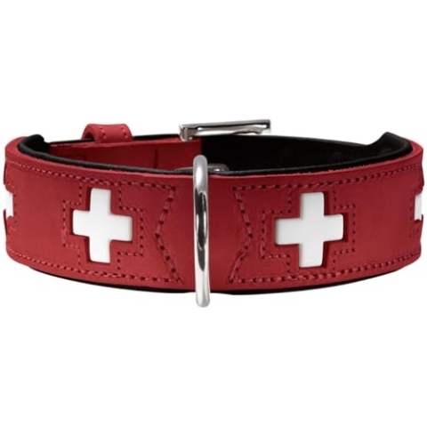 HUNTER Hundehalsband SWISS, Farbe: rot/schwarz, weiches Rindnappaleder, handvernähte Schweizer Kreuze, langlebig und komfortabel, hochwertige Handarbeit, Made in Germany, Größe: S-M (47)