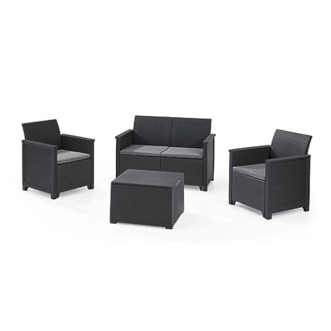 Keter Lounge Set Emma 8-teilig - Graphit, 2 Sessel + 2er Sofa + 1 Tisch mit Truhen-Funktion + 4 Sitzauflagen