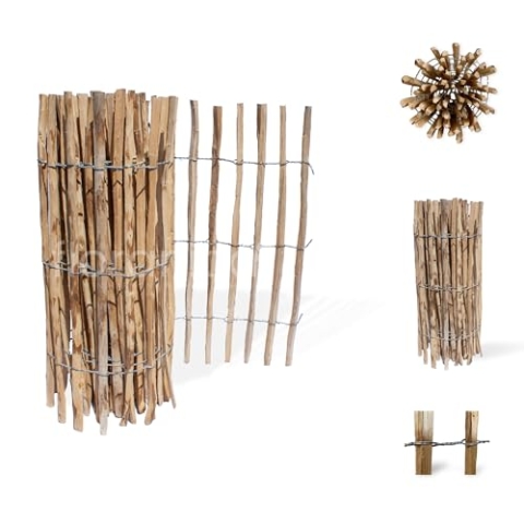 Floranica Staketenzaun aus Haselnuss Kastanie 5m lang x 90cm hoch Haselnuss-Staketenzaun 12-14cm Sprossenabstand Rollzaun Zaunpfosten staketenzaun Gartenzaun Garteneinfassung