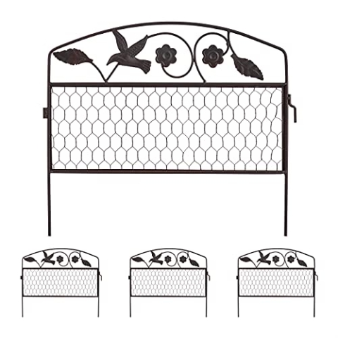 Relaxdays Beetzaun, 4 Zaunelemente je HxB: 41 x 48,5 cm, Steckzaun mit Verzierung, Beeteinfassung, Metall, Dunkelbraun