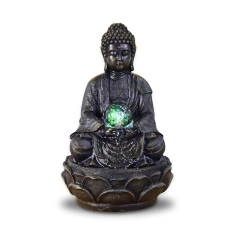 Zen'Light - Zimmerbrunnen Buddha Meditation Lotus mit farbwechselnder LED-Beleuchtung - Moderne Zen-Dekor, Ideal für Meditation & Entspannung, Feng Shui - Tischbrunnen Geschlossener Kreislauf - H26cm