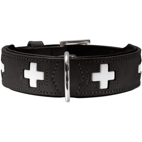 HUNTER Hundehalsband SWISS, Farbe: schwarz, weiches Rindnappaleder, handvernähte Schweizer Kreuze, langlebig und komfortabel, hochwertige Handarbeit, Made in Germany, Größe: XS (32)