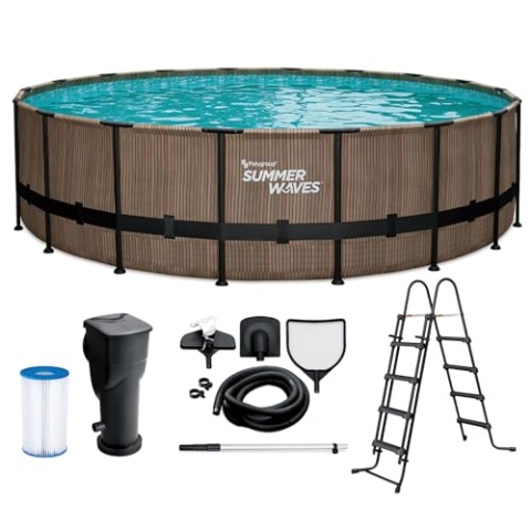 Summer Waves Frame Pool Komplettset | Rund 549x132 cm Teak Optik Braun | Aufstellpool Set | Gartenpool & Schwimmbecken inkl. Filterpumpe, Einstiegsleiter, Abdeckplane, Bodenvlies & Reinigungsset