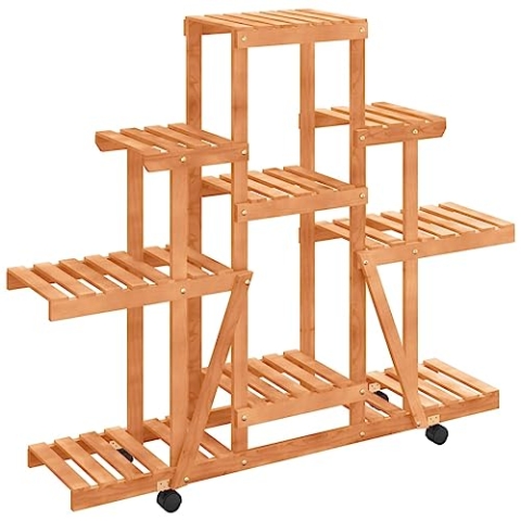 vidaXL Blumenständer, Holz Pflanzenregal mit Rollen, Blumenregal für Wohnzimmer Balkon Terrasse, Pflanzenständer mit viel Platz, Massivholz Tanne