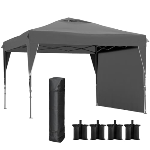 Outsunny Pop-up-Pavillon, Gartenpavillon faltbar, mit abnehmbarer Seitenwand + Transporttasche, Stahl, Oxford-Gewebe, 3 x 3 x 2,65 m, Grau