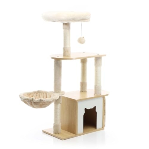 Fudajo Kratzbaum mit Holz in Beige 106 cm hoch, Katzenkratzbaum mit Katzenhaus und Liegemulde, Katzenbaum mit Sisal, Katzenmöbel mit Plüsch