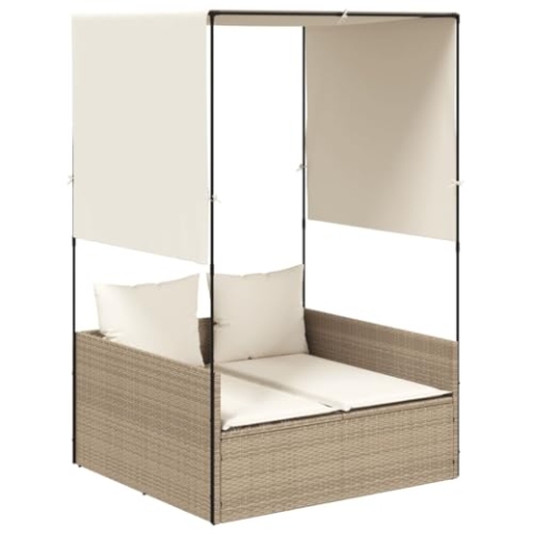 vidaXL Doppel Sonnenliege, Gartenliege mit Dach Vorhängen, Doppelliege für Garten Terrasse, Relaxliege Sonnenbett Gartenmöbel, Beige Poly Rattan