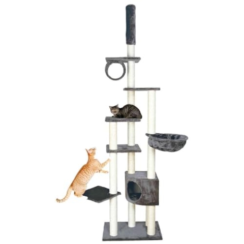 TRIXIE Kratzbaum Madrid 245 - 270 cm in platingrau – deckenhoher Katzenbaum mit gemütlichen Liegeflächen und Deckenspanner, komfortabel & stabil – 43902