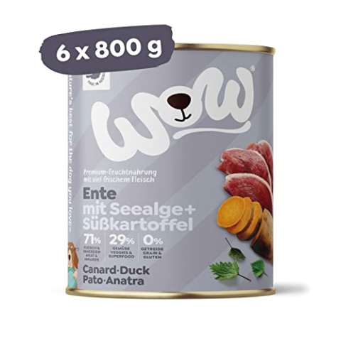 Wow Hundefutter nass Senioren mit Ente, 6x800g | reichhaltiges Nassfutter für ältere Hunde Aller Rassen I Beste Qualität mit viel Fleisch, Seealge & Süßkartoffel I getreidefrei & hohe Verträglichkeit