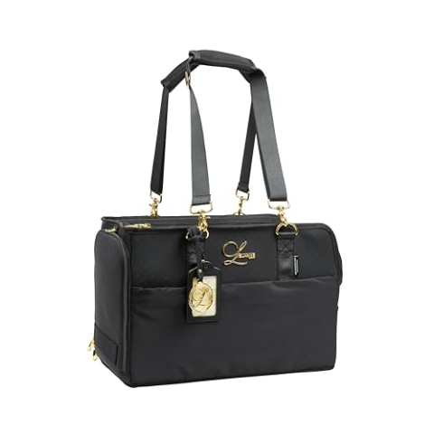 L'ÉLIANNE | Designer Flugzeug Hundetasche | Schwarz | Luxus Reisetasche mit Goldenen Akzenten, Schwarzes Nylon, Verstellbarer Schultergurt, Multifunktionales Design mit Reißverschluss