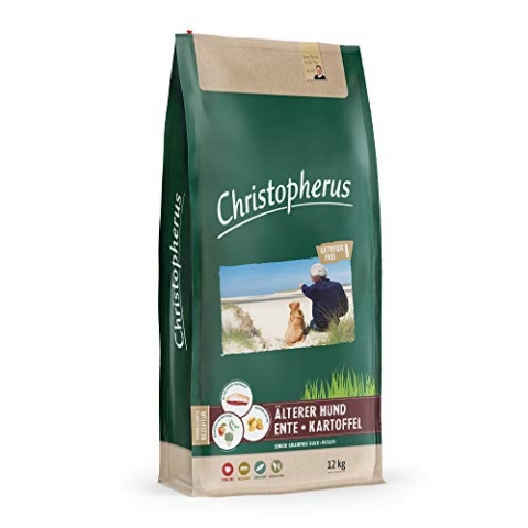 Christopherus Grainfree Senior, Vollnahrung für futtersensible Hunde ab dem 6. Jahr, Trockenfutter, Ente + Kartoffel, Krokettengröße ca. 1 cm, Älterer Hund, 12 kg