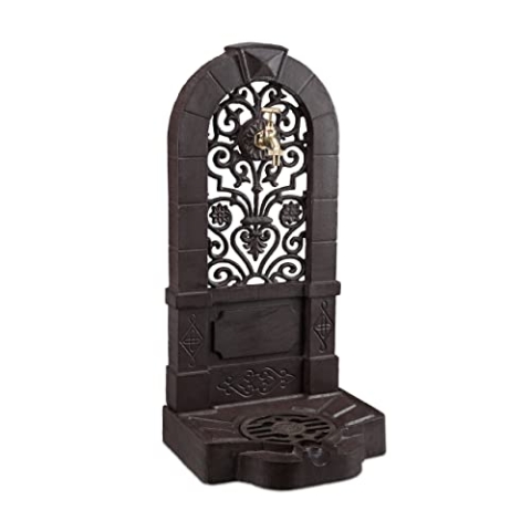 Relaxdays Standbrunnen, Antik-Stil, Nostalgie, Garten, Terrasse, Wasserhahn, Becken, stehend, HBT 74 x 36 x 30 cm, braun