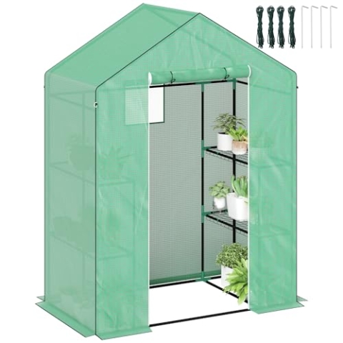 Outsunny Gewächshaus mit Rolltür, Fenster, Regale, Winterfest Foliengewächshaus aus Stahl, Treibhaus für Balkon, Garten, Tomatenhaus 143 x 74 x 190 cm, Tomatengewächshaus für Tomaten, Gemüse, Grün