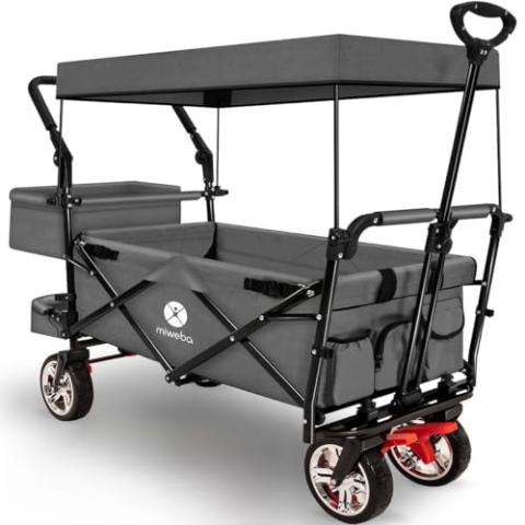Miweba Faltbarer Bollerwagen MB-20 | Sonnendach UV-beständig - 2X Anschnallgurte - Transportwagen für Kinder - Traglast 100 Kg - Wagen - Feststellbremse - Hartgummireifen (Grau)