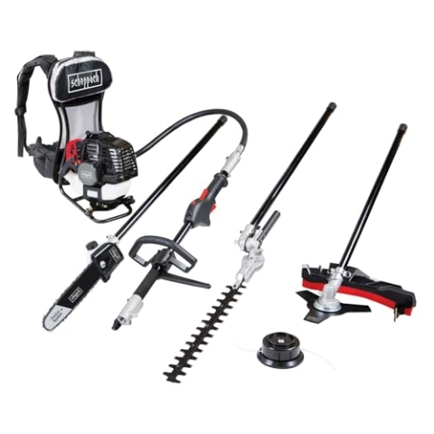 Scheppach 5904805903 Backpacker 4 in 1 = Motorsense, Rasentrimmer, Heckenschere, Hochentaster | Benzin Multitool mit 2 Taktmotor und 51,7 cm³ auf „Rucksack“ | 1,3 kW (1,8 PS), 16,5 kg
