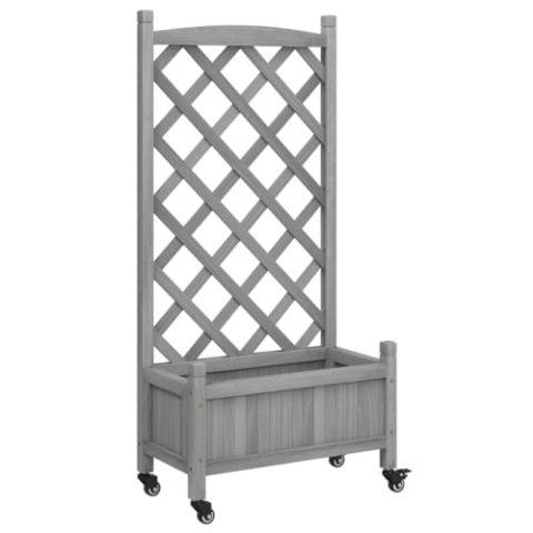 vidaXL Pflanzkübel mit Rankgitter Rollen, Blumenkasten mit Spalier, Pflanzgefäß für Terrasse Garten, Pflanzkasten, Grau Massivholz Tanne