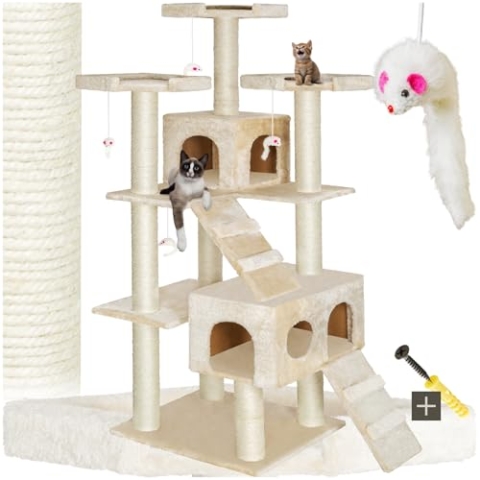 tectake® XXL Luxus Sisal Kratzbaum 186cm groß mit Spielzeug & Zubehör für Kitten und Katzen, Sisalseil Kratzstamm, Katzenhöhle und Katzenhaus, Katzentreppe und Aussichtsplattformen - beige