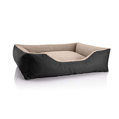 BedDog Hundebett Teddy, Hundesofa aus Cordura und Microfaser-Velours, waschbares Hundebett mit Rand, Hundekissen Vier-eckig, für drinnen, draußen, Größe XL, schwarz-beige