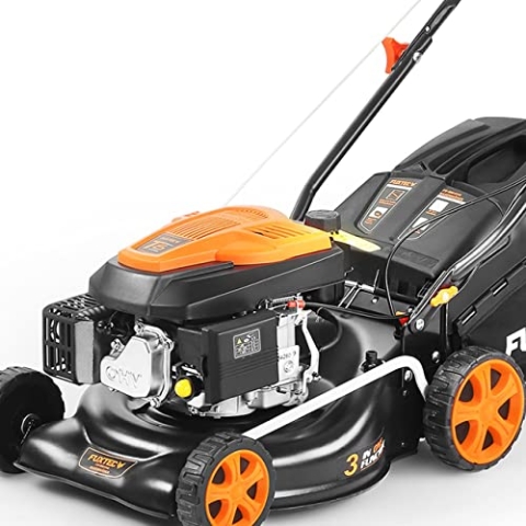 FUXTEC 3in1 Benzin Rasenmäher FX-RM4346, Gartenmäher für kleine Flächen, 42 cm Schnittbreite, 4-Takt mit Hinterradantrieb, Heckauswurf, kugelgelagerte Big Wheel Räder, 40L Grasfangkorb