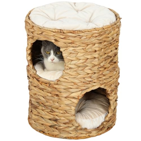 PawHut Kratztonne, 50 cm hoch Katzentonne mit 2 Höhle, Kratzbaum mit Kissen, Katzenturm aus Wasserhyazinthe, für Katze bis 3,5 kg, Hellbraun
