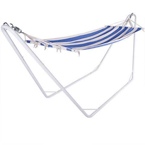 DETEX® Hängematte mit Gestell Outdoor Camping transportabel Stabhängematte Reisehängematte Baumwolle Gemisch für Garten Balkon bis 150kg Creme Blau