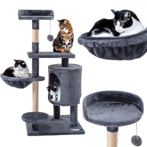 Rea, PuppyJoy Katzenkratzbaum mit Mehreren Ebenen Pj-043 105CmGrey, Spiel, Schlaf und Kletterparadies für Stubentiger - 105X10X105CM