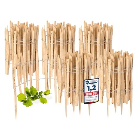 Garronda Gartenzaun zum Stecken aus Haselnüsse Zaun Garten Staketenzaun Beeteinfassung Holz Steckzaun Hochwertiger Gartenzaun für Ihren Garten GD-0156 (5 Stück, 50 cm x 500 cm)