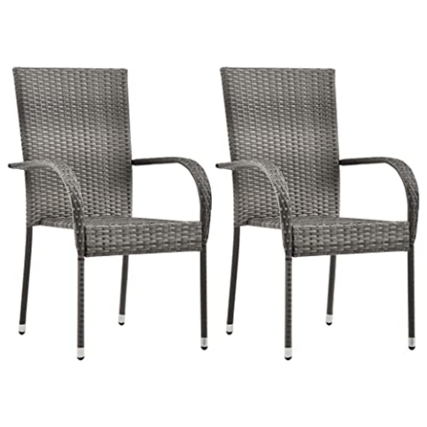 vidaXL 2X Gartenstuhl Stapelbar Stapelstuhl Stapelsessel Essstuhl Sessel Stuhl Lehnstuhl Balkonstuhl Terrassenstuhl Grau Poly Rattan