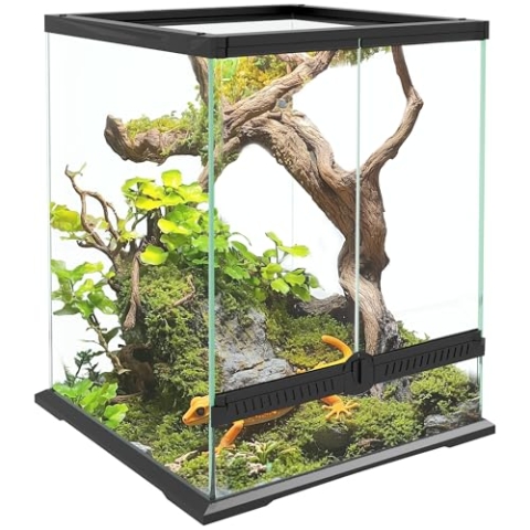 PawHut Terrarium für Reptilien Reptil Fütterungsbox mit Anti-Flucht-Design, Belüftung 120L Glasterrarium mit Kabelmanagement für Amphibien Spinne Metall Schwarz 45 x 45 x 60 cm