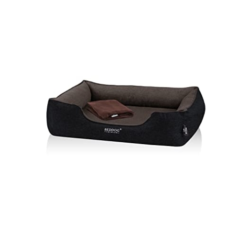 BedDog Premium Orthopädisches Hundebett Clara, Hundekissen mit abnehmbaren Bezug, Kuschel-Decke Zugabe - Mocca (braun/schwarz)