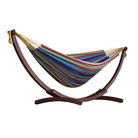 Vivere C8SPCT-20 Doppelhängematte aus Baumwolle mit stabilem Bogengestell aus Massivkiefernholz – Tropical, 254 x 117 x 104 cm