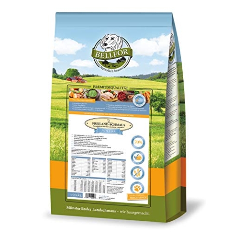 Bellfor Freiland-Schmaus Junior Trockenfutter mit Huhn für Welpen und Junge Hunde Getreidefrei Optimal für ernährungssensible Hunde Hoher Anteil an Omega-3-Fettsäuren 7,5 kg