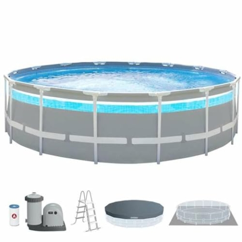 Intex 26730NP – Aufstellpool Prism Frame Clearview Rund, Filterpumpe 5678 L/h, Leiter, Bodenplane und Abdeckplane, 19156 L, Stahl und PVC, Grau, 488x122 cm