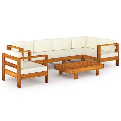 vidaXL Akazienholz Massiv Gartenmöbel 7-TLG. mit Creme Auflagen Sofa Lounge Sitzgruppe Gartensofa Garten Garnitur Gartenset Ecksofa Mittelsofa