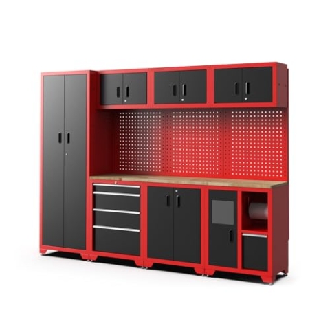 FEISTOS Werkstatteinrichtung Juno 3 | 2640x457x1981 mm Rot/Schwarz | Profi Werkbank & Werkzeugwand für Ordnung in der Werkstatt | 11 Teilig - Werkstattmöbel mit Arbeitsplatte & Lochwand