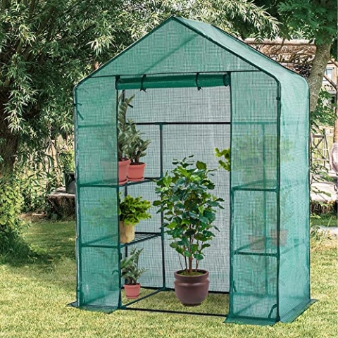 Lendo Online Gewächshaus mit wasserdichter PE-Gitterfolie - Foliengewächshaus- grün - Stahl - Tomatengewächshaus - Gartenhaus mit Pflanzenhaltern aus Stahl - Treibhaus - Balkon/Garten 143x73x196cm