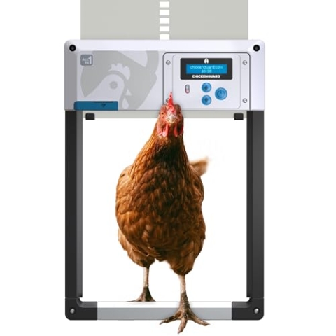 Hühnerklappe Automatisch ChickenGuard All-in-One, Hühnerstalltürfarben in Vier Farben, Timer/Lichtsensor, Auto-Stop, Raubtiersicher, Wintermodus-Power-Boost, Batterien Enthalten (Grau + Batterien)