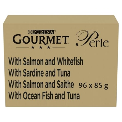 Purina Gourmet Filettini-Perlen in feuchter Sauce Katzen mit Lachs, Sardinen, Kabeljau, Meeresfisch, 96 Beutel à 85 g