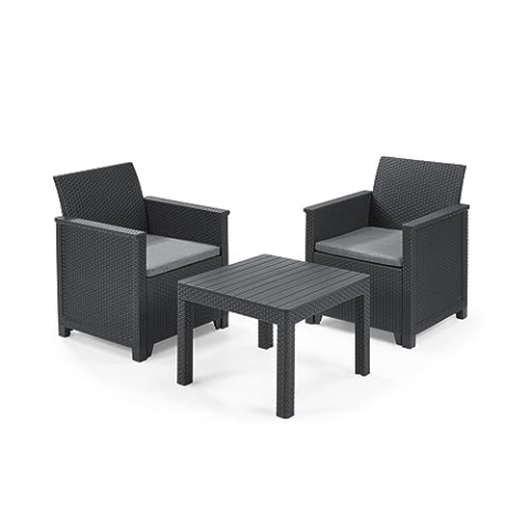 Keter Emma Balcony Gartenmöbel-Set aus Rattan mit 2 Sesseln und Tisch, Graphit