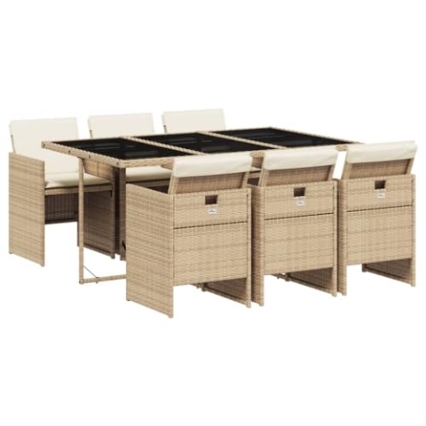 vidaXL Garten Essgruppe mit Kissen 7-TLG., Gartenmöbel Set Sitzgruppe, Essgarnitur Gartengarnitur, Terrasse Balkon Möbel Garnitur, Beige Poly Rattan