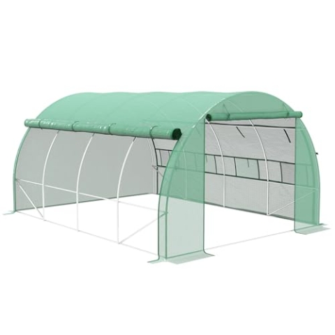 Outsunny Foliengewächshaus Polytunnel 4 x 3 x 2 m begehbares Gewächshaus mit aufrollbar Abdeckungen Folientunnel Treibhaus UV-Schutz Stahlrohr Grün