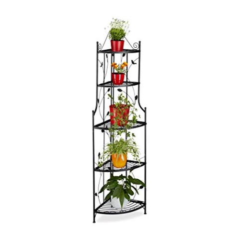 Relaxdays Pflanzentreppe Ecke GOTH, Metall, 5 Ablagen, klappbar, witterungsfest, Pflanzenregal, HxBxT: 160 x 36 x 36 cm, schwarz