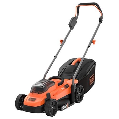 Black+Decker Akku-Rasenmäher BCMW3336L2 (36V, 2.5Ah, 33 cm Schnittbreite, für mittlere Rasenflächen bis 500 m², 5-fache Höhenverstellung, inkl. 2 Akkus, Ladegerät, 35l Fangkorb), Orange/Schwarz