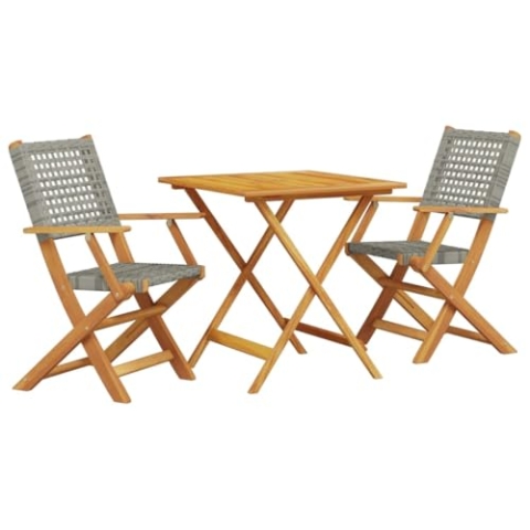 vidaXL Bistro Set 3-TLG., Balkonset mit Klappdesign, Sitzgruppe für Garten Terrasse Balkon, Gartenmöbel Gartengarnitur, Grau Poly Rattan Massivholz